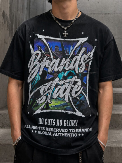 Heavyweight 350g American Retro Streetwear T-Shirt – Premium DTG No-Crack Print Gothic Cross Graphic Oversized Boxy Tee with 8-Weave Handcraft Cotton