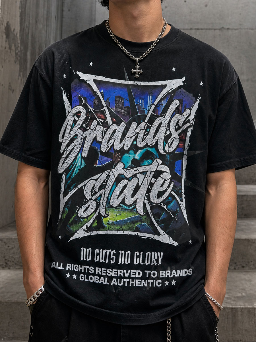 01 Heavyweight 350g American Retro Streetwear T-Shirt – Premium DTG No-Crack Print Gothic Cross Graphic Oversized Boxy Tee with 8-Weave Handcraft Cotton - Image 1