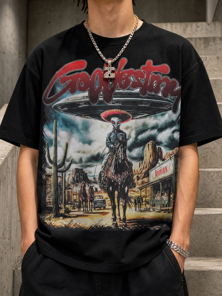 Alien Cowboy Rider Graphic Tee – 350g Streetwear