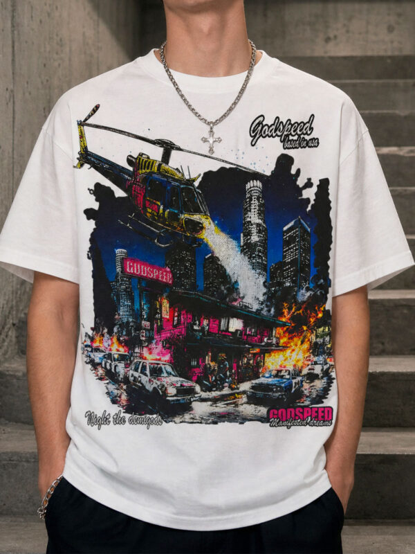 GODSPEED Night City Helicopter Graphic Tee – 350g Streetwear