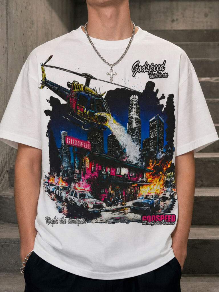 GODSPEED Night City Helicopter Graphic Tee – 350g Streetwear